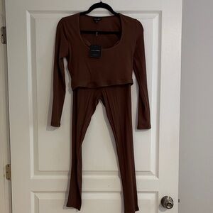 JLUXLABEL Brown Long Sleeve Crop Top and Leggings Set